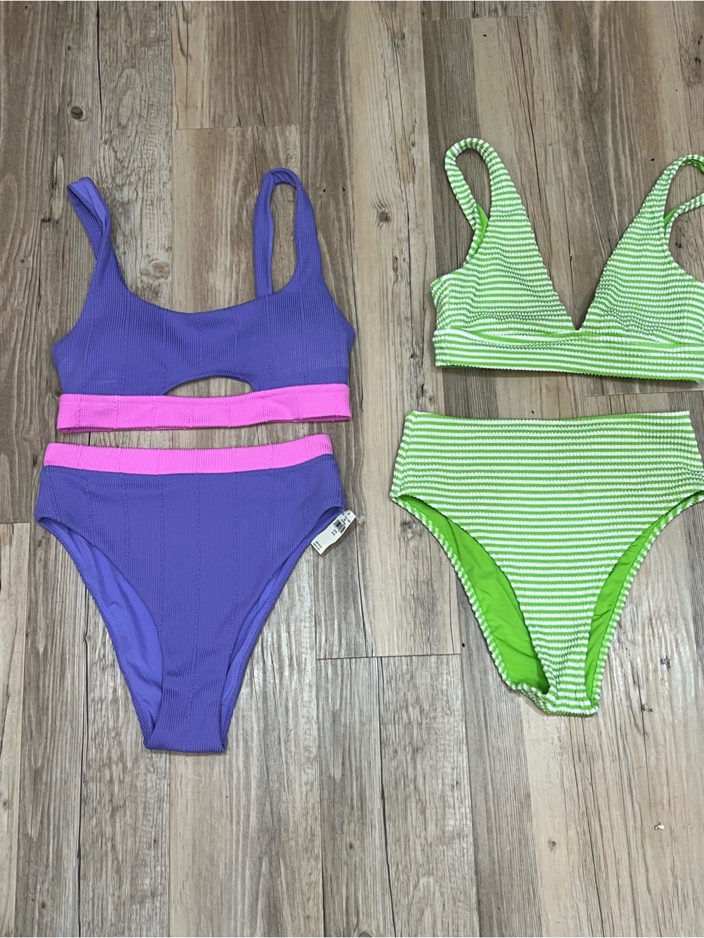 NWT Aerie Crinkle High Cut Cheeky Bikini set purple pink green medium bundle